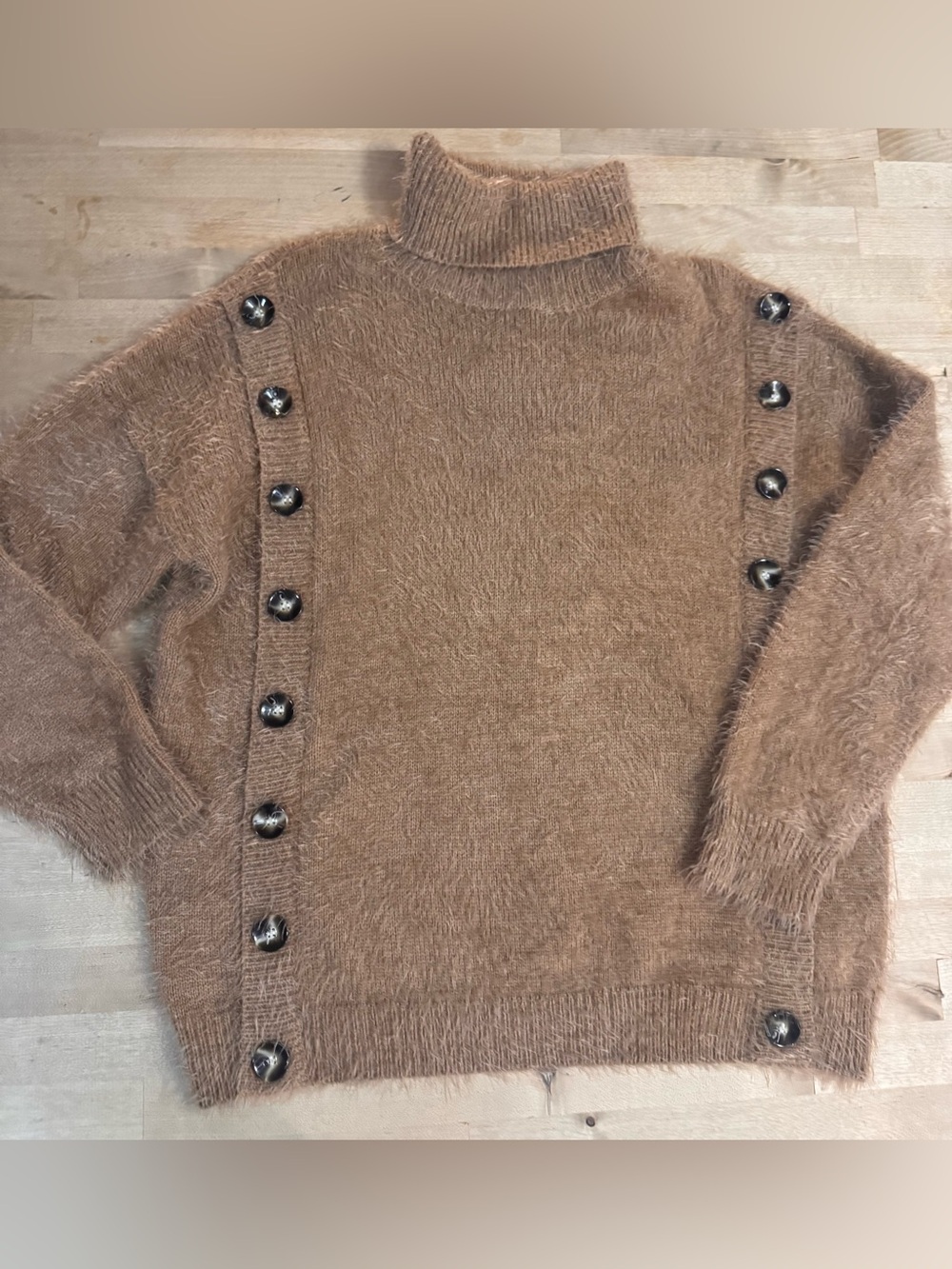 POL Brown Fuzzy eyelash Turtleneck Sweater with Decorative Buttons